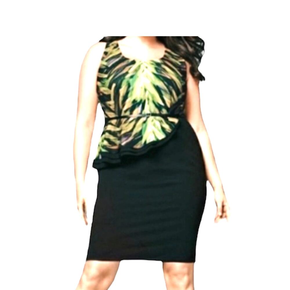 Lane Bryant Black & Green Leaf Print Peplum Dress 22 business office peekaboo